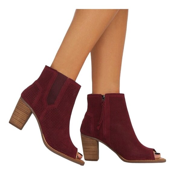 TOMS‎ Majorca Peep Toe Booties Womens Size 8 Burgundy (Oxblood) Perforated Suede - Picture 1 of 12